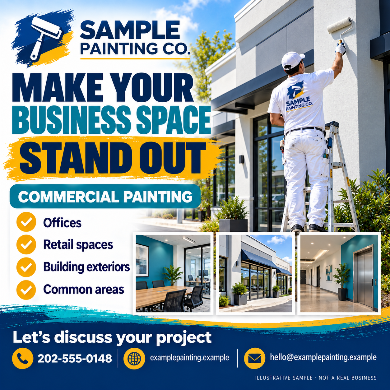 Commercial painting Facebook sample graphic in English showing an office being painted