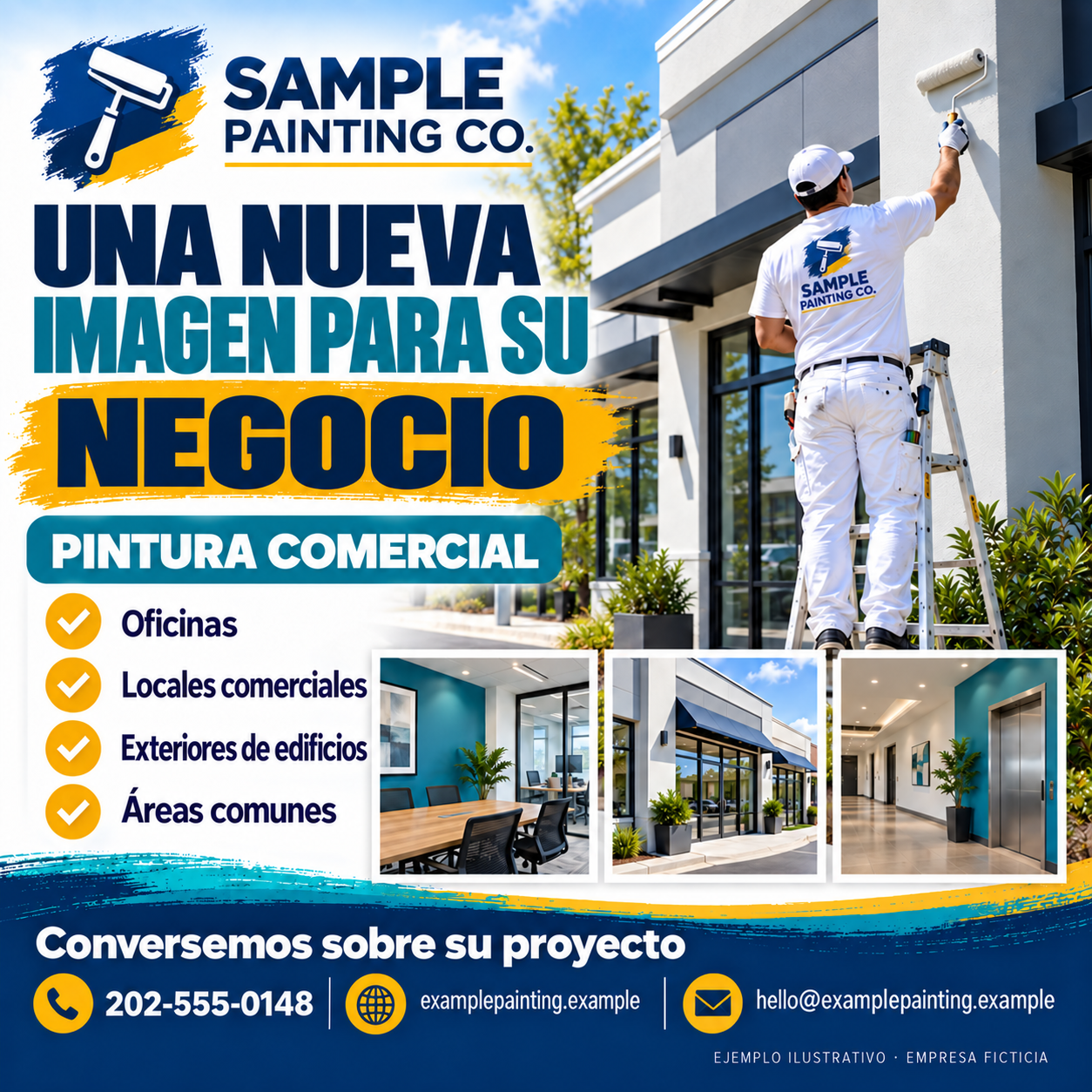 Gráfico de ejemplo de pintura comercial en español con una oficina en proceso de pintura