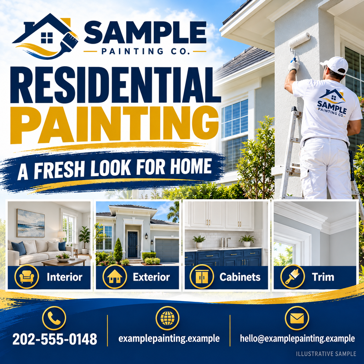 Residential painting Facebook sample graphic in English showing a newly painted living room