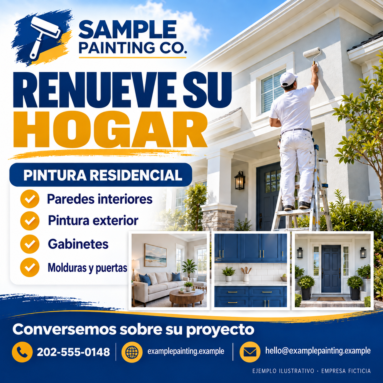 Gráfico de ejemplo de pintura residencial en español con una sala recién pintada